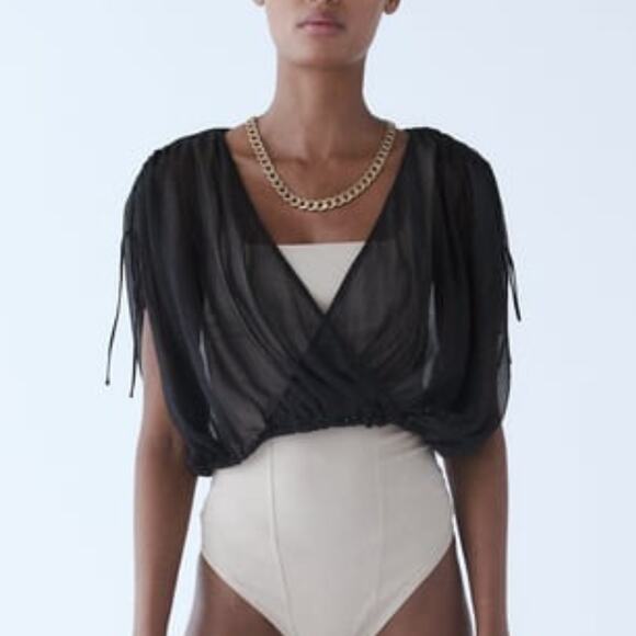 ZARA NWT Metallic Thread Black Sheer Crossover Oversized Crop Top Blouse - Picture 1 of 12